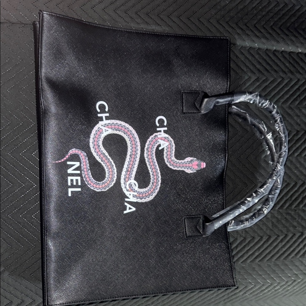 Black Tote with Pink Snake Motif